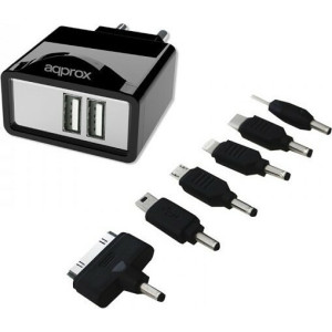 Approx Φορτιστής Χωρίς Καλώδιο με 2 Θύρες USB-A Μαύρος (APPUSBWALL21B & 6 tips)