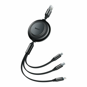 BASEUS BRIGHT MIRROR 2 SERIES, 3 ΣΕ 1, RETRACTABLE, TYPE-C + MICRO USB + LIGHTNING, 3.5A, 1.1M, ΜΑΥΡΟ